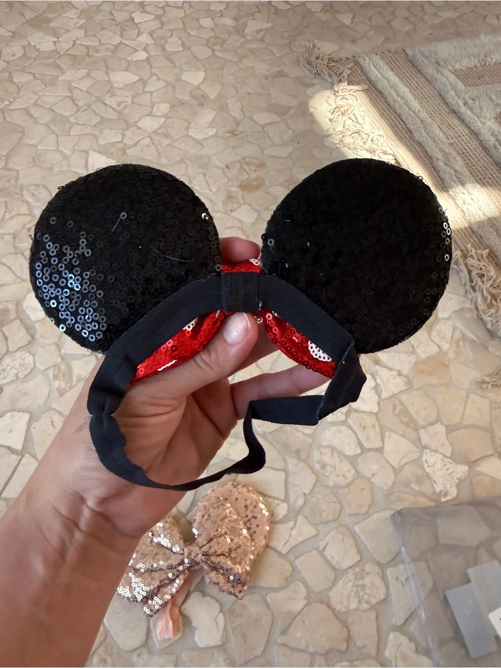 Kids Sequin Mouse Ear Headband with Bow - Pink/Red/Rose Gold